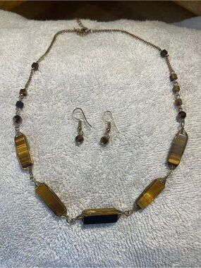 Tiger's Eye Bar Pendant Necklace and Earrings Set - Brown